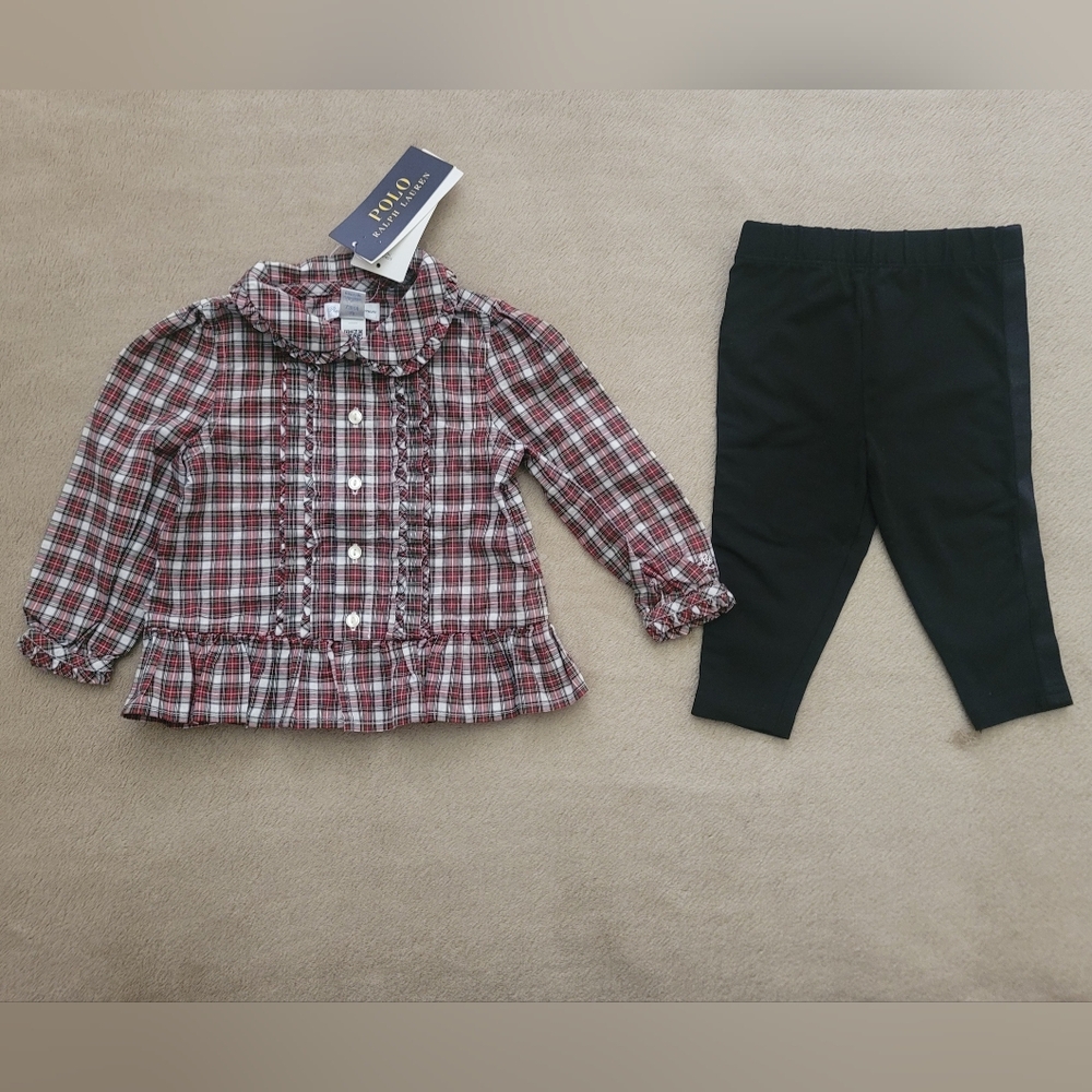 Ralph Lauren Baby Girl Plaid Poplin Shirt & Blk Tuxedo Pant 2 Pcs Size 9 Months